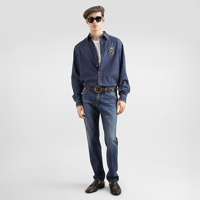 dolce & gabbana crest embroidered denim shirt